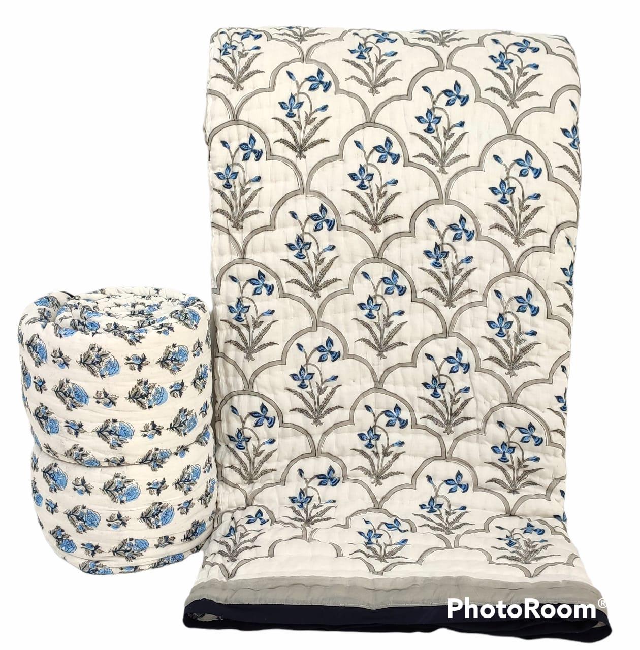 Hand-Block Printed Pure Cotton Quilt – Reversible Artisan Bedding | Lightweight Indian Cotton Jaipuri Razai | Hand-Quilted & Eco-Friendly