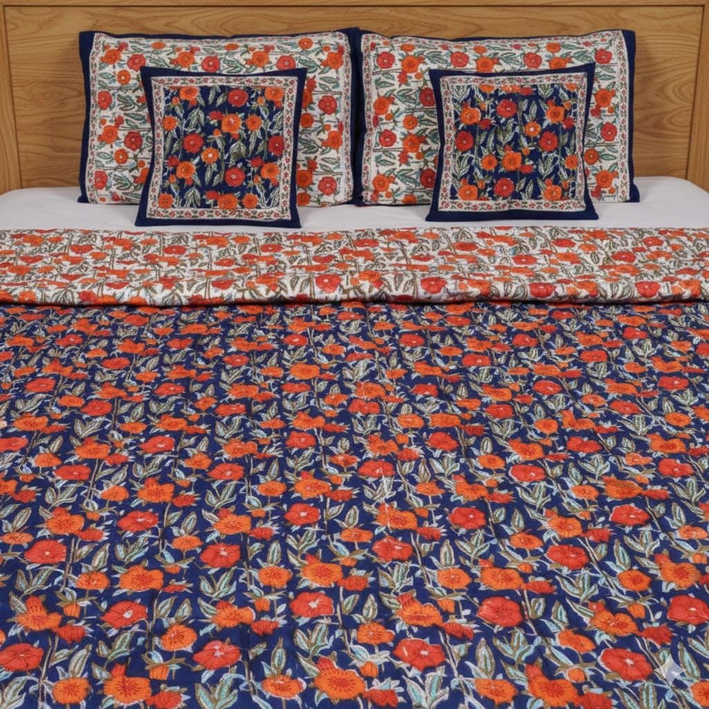 Reversible Cotton Razai & Quilt | Navy Floral Block Print