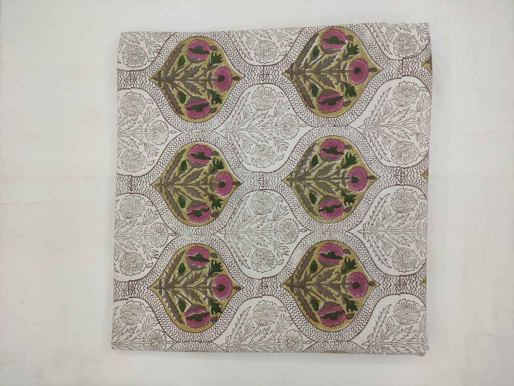 Hand Block Print Cotton Fabric, Mughal Floral Design, Indian Fabric By The Yard