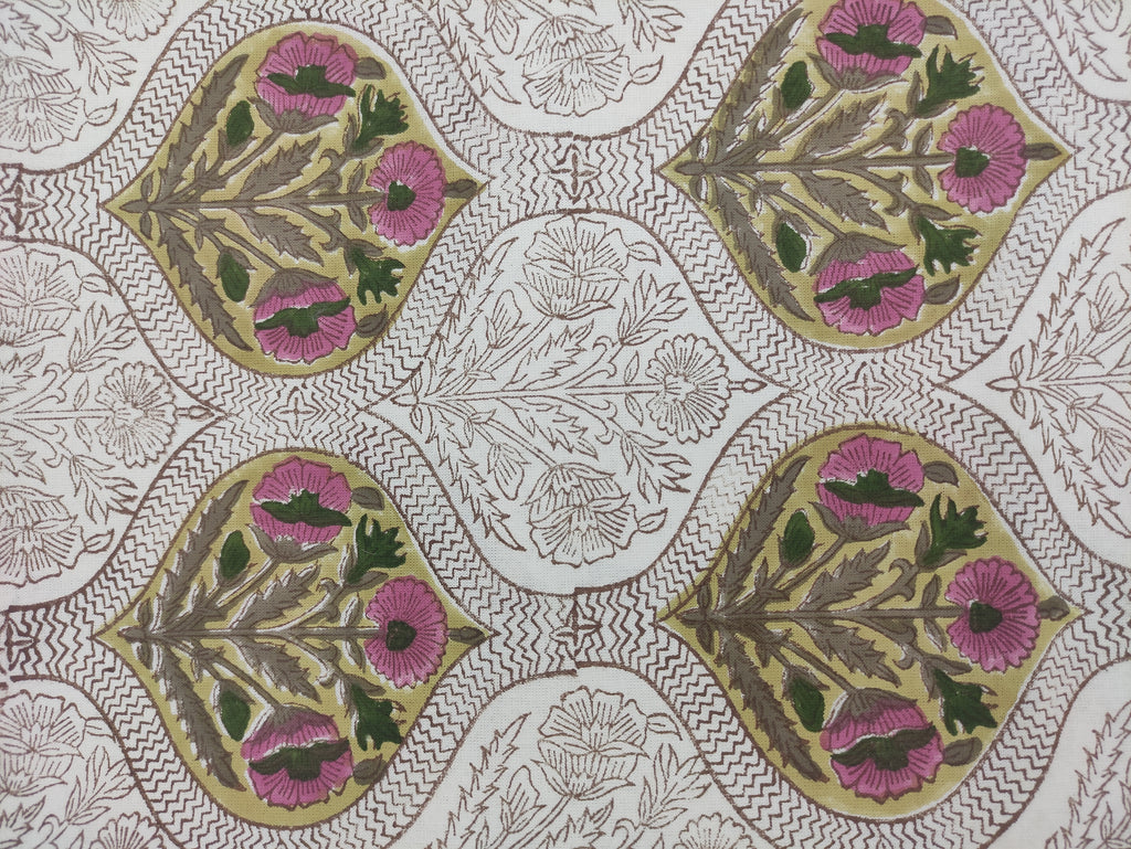 Hand Block Print Cotton Fabric, Mughal Floral Design, Indian Fabric By The Yard