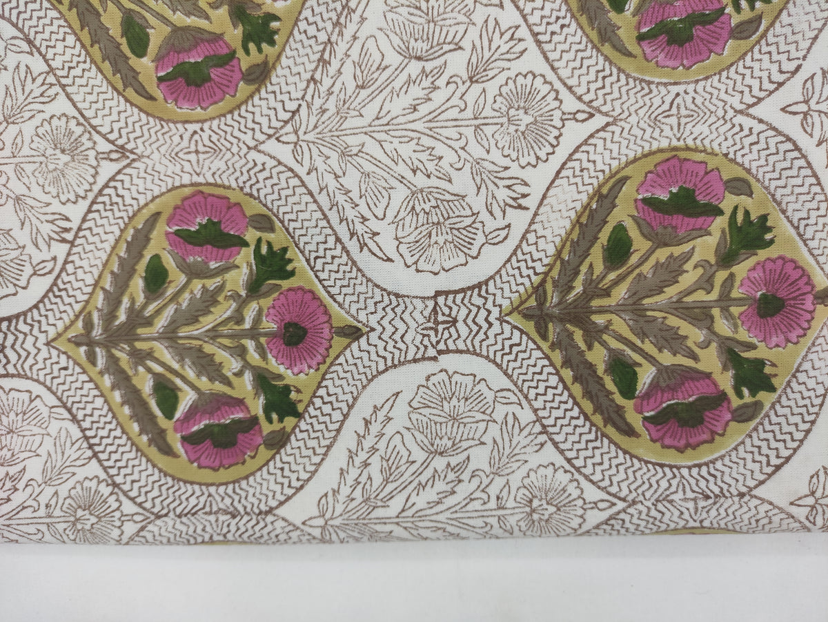 Hand Block Print Cotton Fabric, Mughal Floral Design, Indian Fabric By The Yard