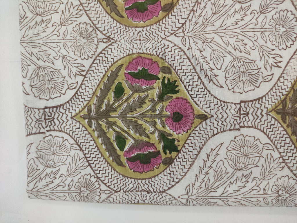 Hand Block Print Cotton Fabric, Mughal Floral Design, Indian Fabric By The Yard