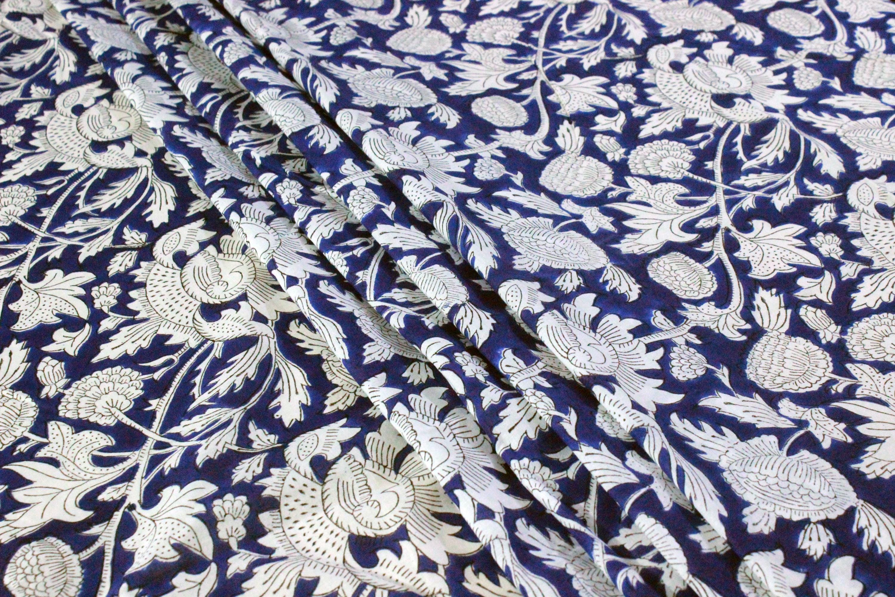 Blue and White Handmade Block Print Cotton Fabric by the Yard | Eco-Friendly & Breathable