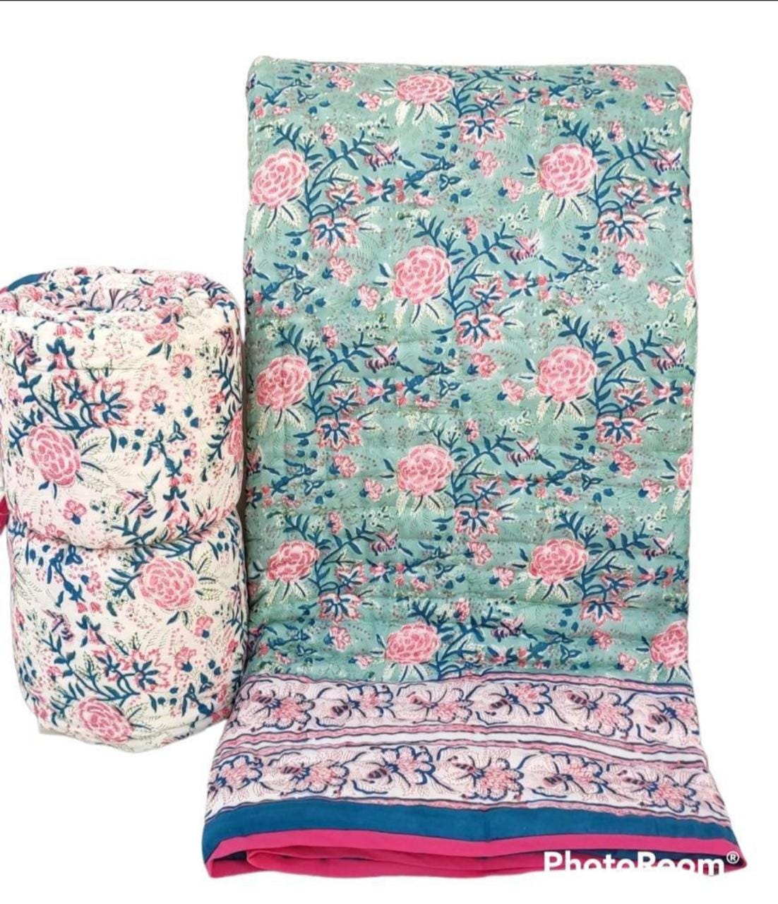 Hand-Block Printed Pure Cotton Quilt – Reversible Artisan Bedding | Lightweight Indian Cotton Jaipuri Razai | Hand-Quilted & Eco-Friendly