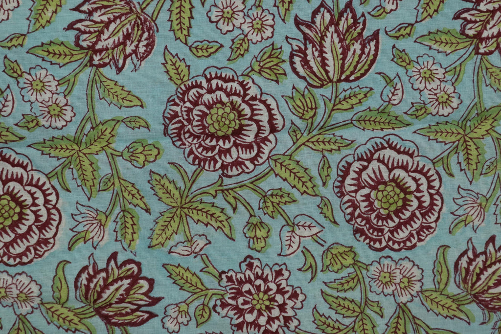 Blue and Pink Colour Handmade Block Print Cotton Fabric by the Yard | Eco-Friendly & Breathable