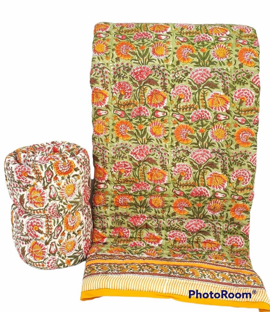 Hand-Block Printed Pure Cotton Quilt – Reversible Artisan Bedding | Lightweight Indian Cotton Jaipuri Razai | Hand-Quilted & Eco-Friendly