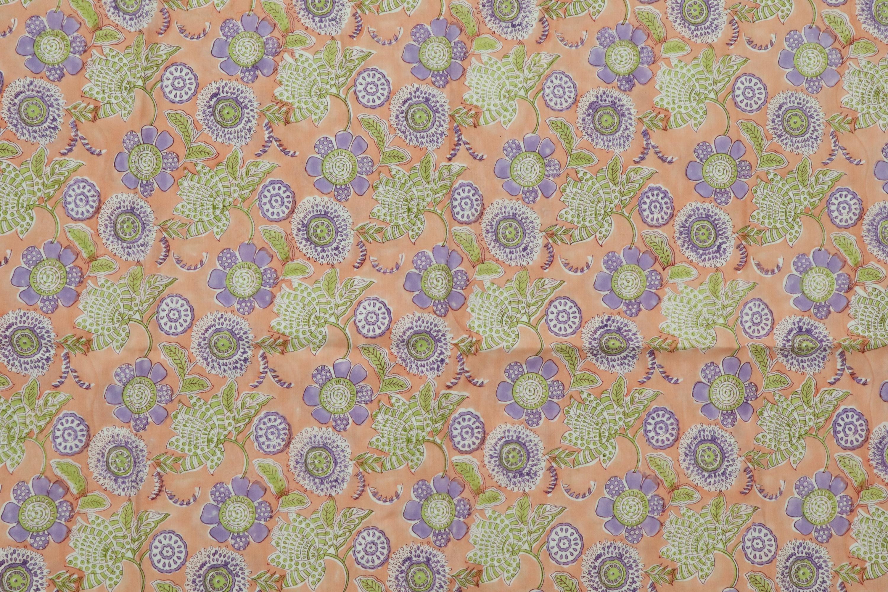 Orange and Purple Colour Handmade Block Print Cotton Fabric by the Yard | Eco-Friendly & Breathable