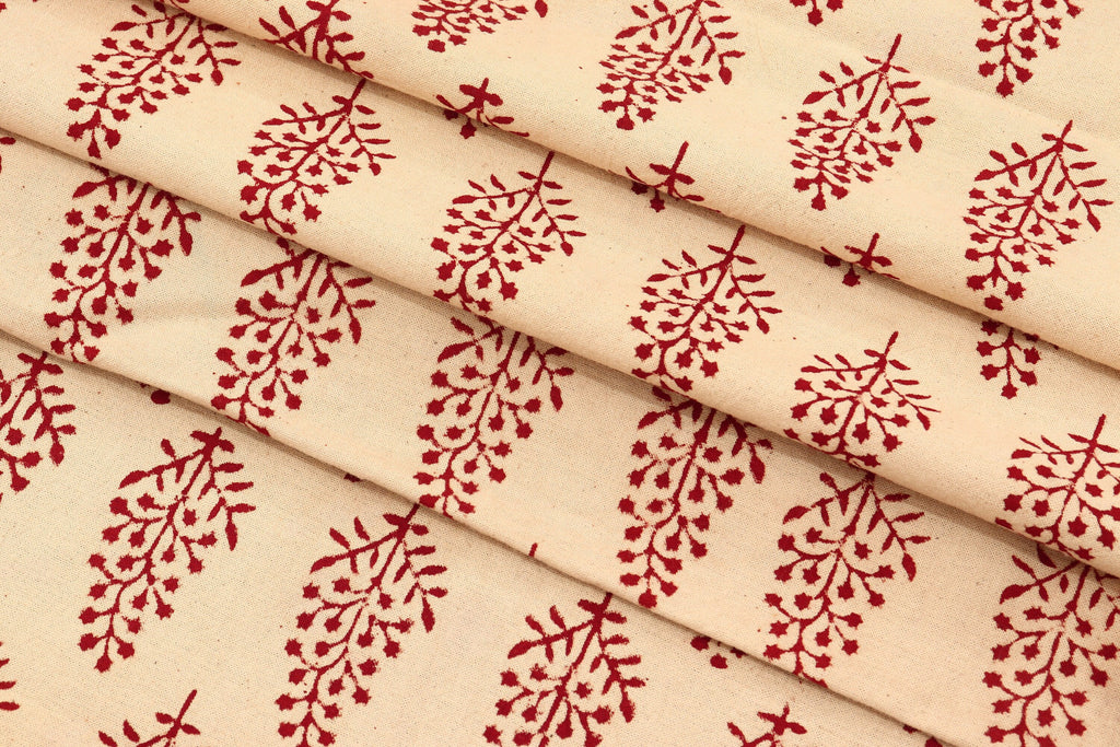 Beige and Red Handmade Block Print Cotton Fabric by the Yard | Eco-Friendly & Breathable