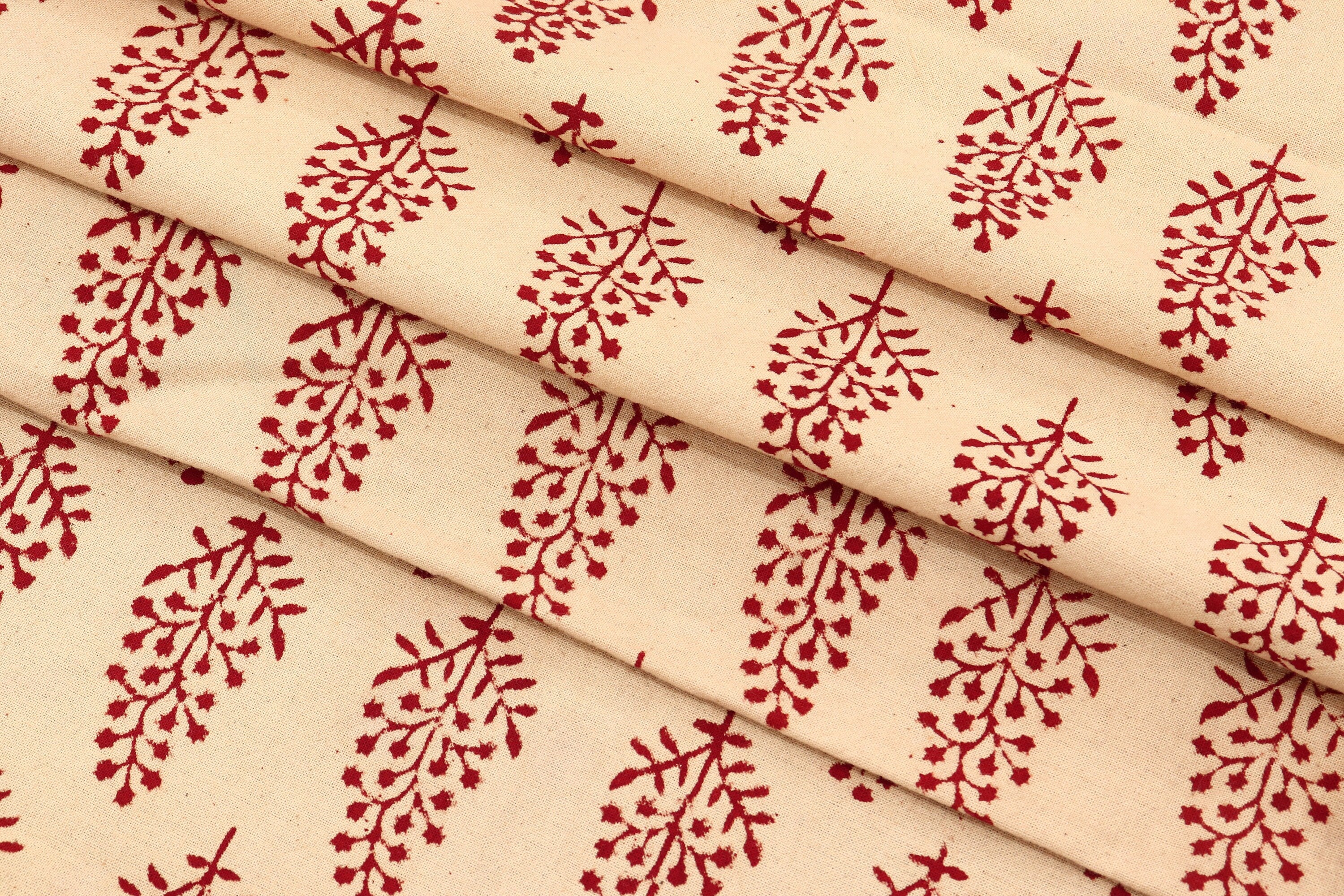 Beige and Red Handmade Block Print Cotton Fabric by the Yard | Eco-Friendly & Breathable