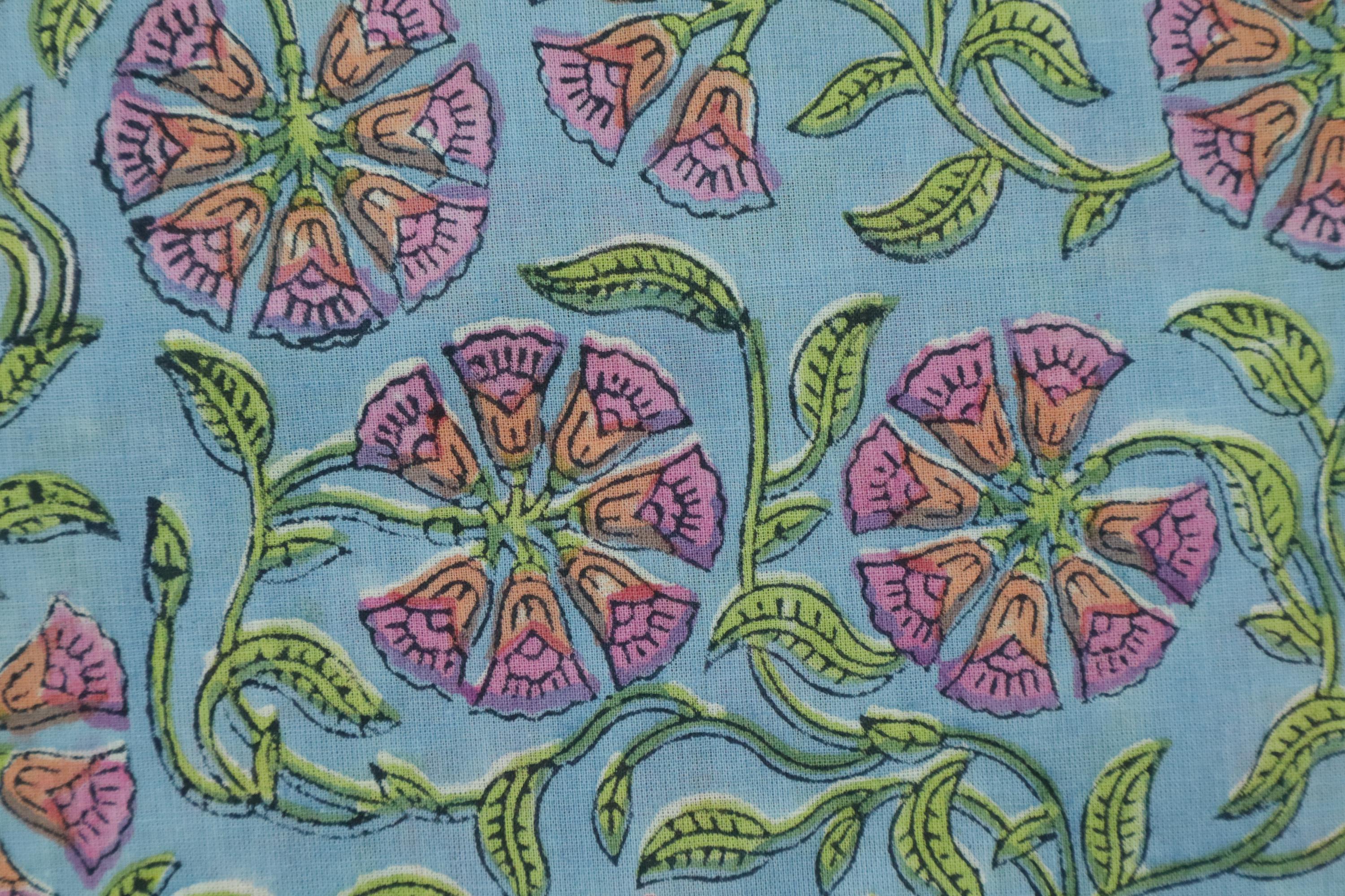 Blue Colour Handmade Block Print Cotton Fabric by the Yard | Eco-Friendly & Breathable