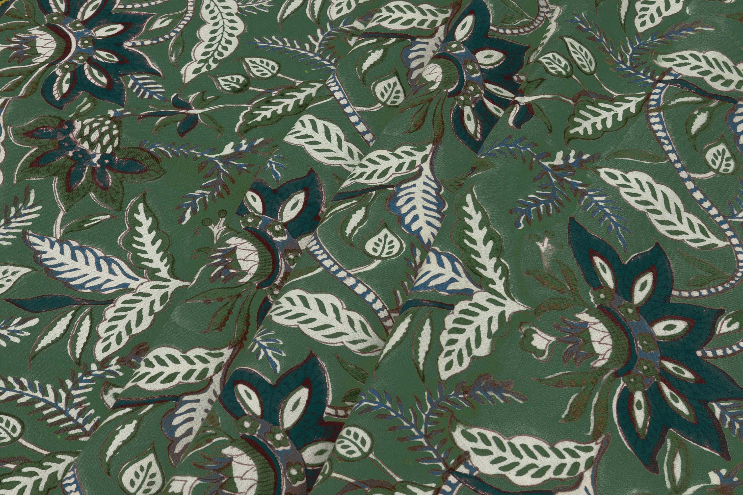 Green Handmade Block Print Cotton Fabric by the Yard | Eco-Friendly & Breathable