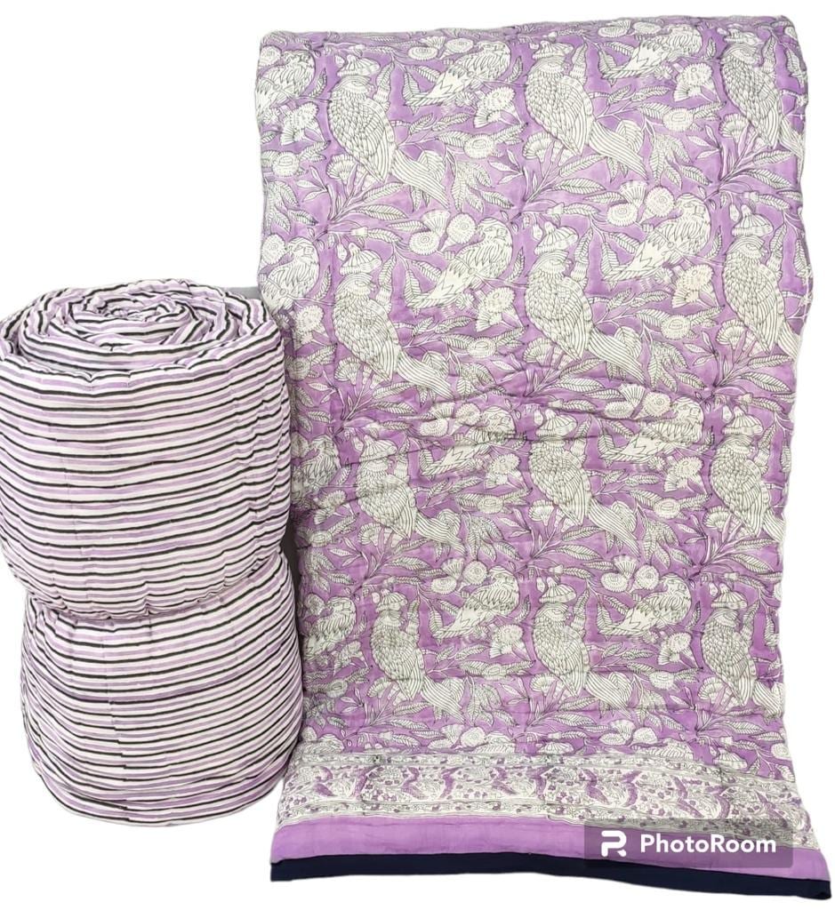 Hand-Block Printed Pure Cotton Quilt – Reversible Artisan Bedding | Lightweight Indian Cotton Jaipuri Razai | Hand-Quilted & Eco-Friendly