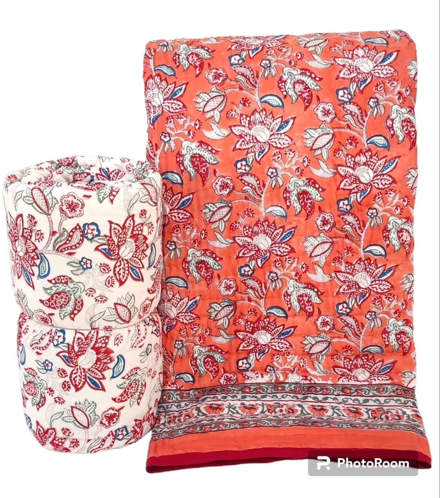 Hand-Block Printed Pure Cotton Quilt – Reversible Artisan Bedding | Lightweight Indian Cotton Jaipuri Razai | Hand-Quilted & Eco-Friendly