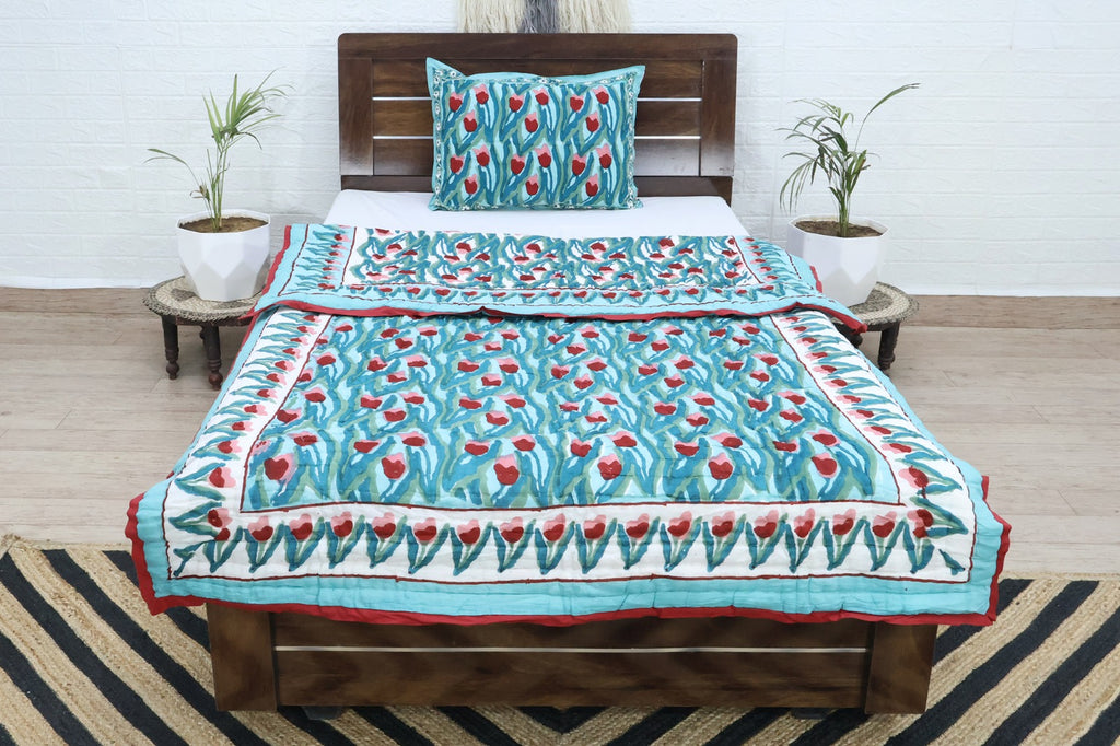 Teal & Red Floral Hand Block Printed Jaipur Quilt | Razai