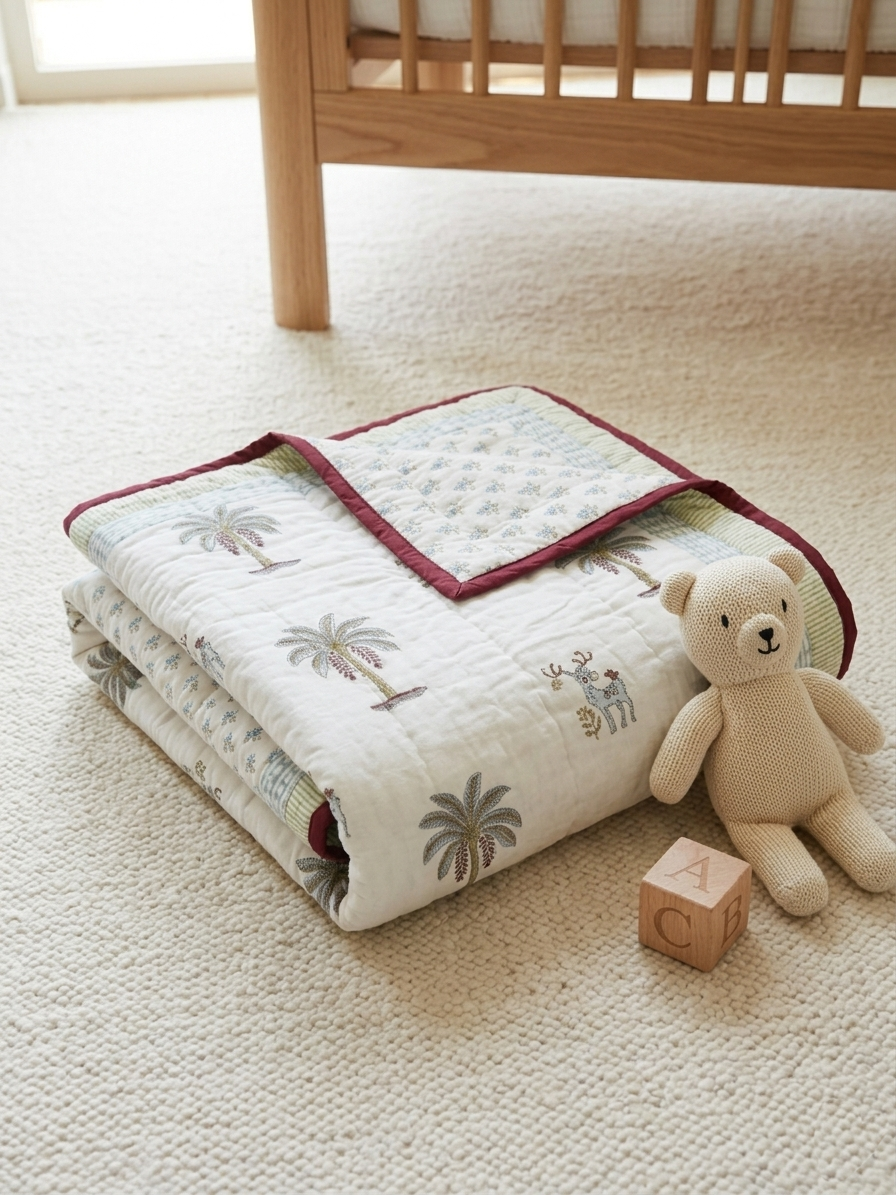 Hand-Block Printed Cotton Baby Quilt | Soft & Breathable Heirloom Quilt