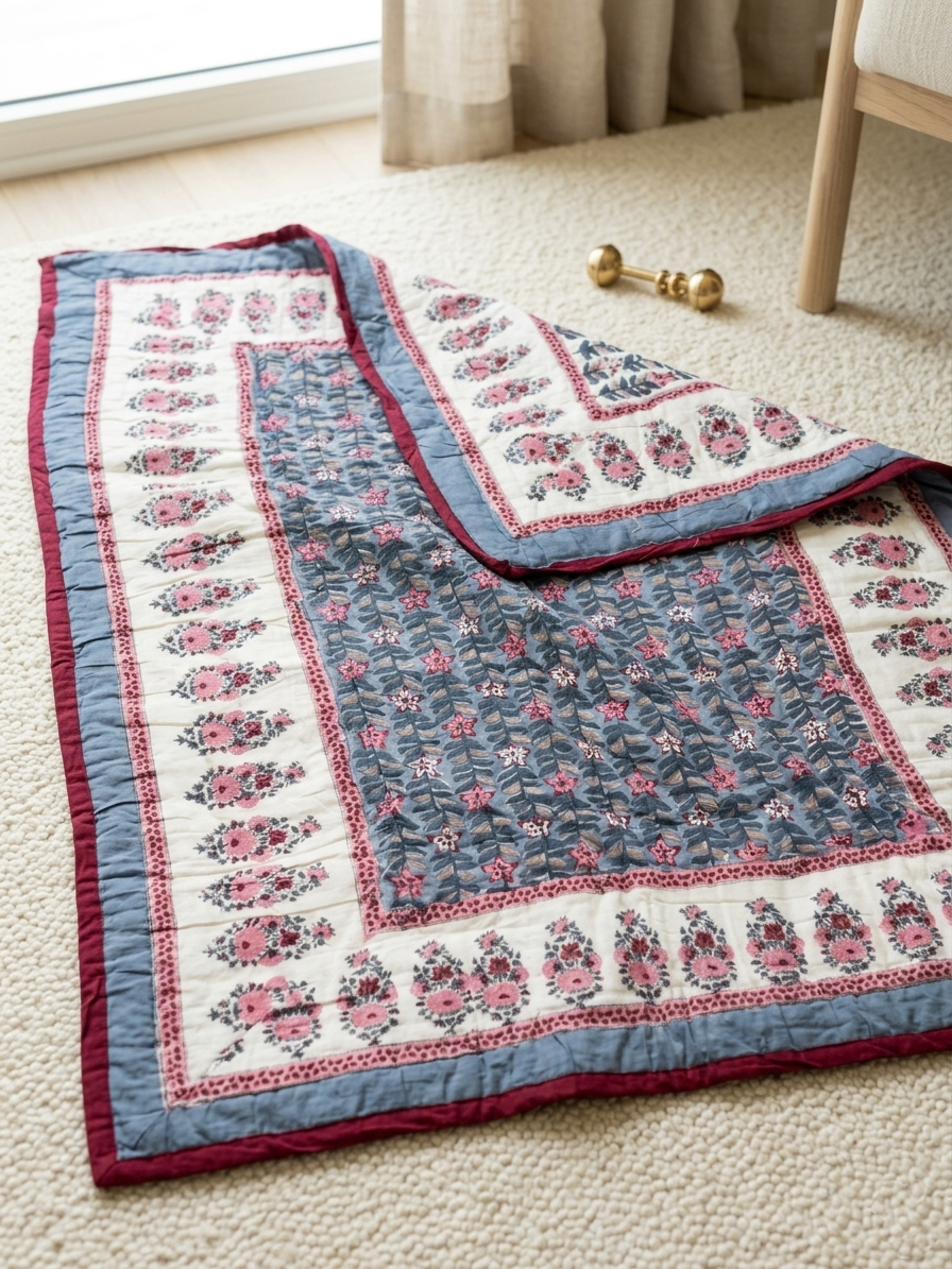 Hand-Block Printed Cotton Baby Quilt | Soft & Breathable Heirloom Quilt