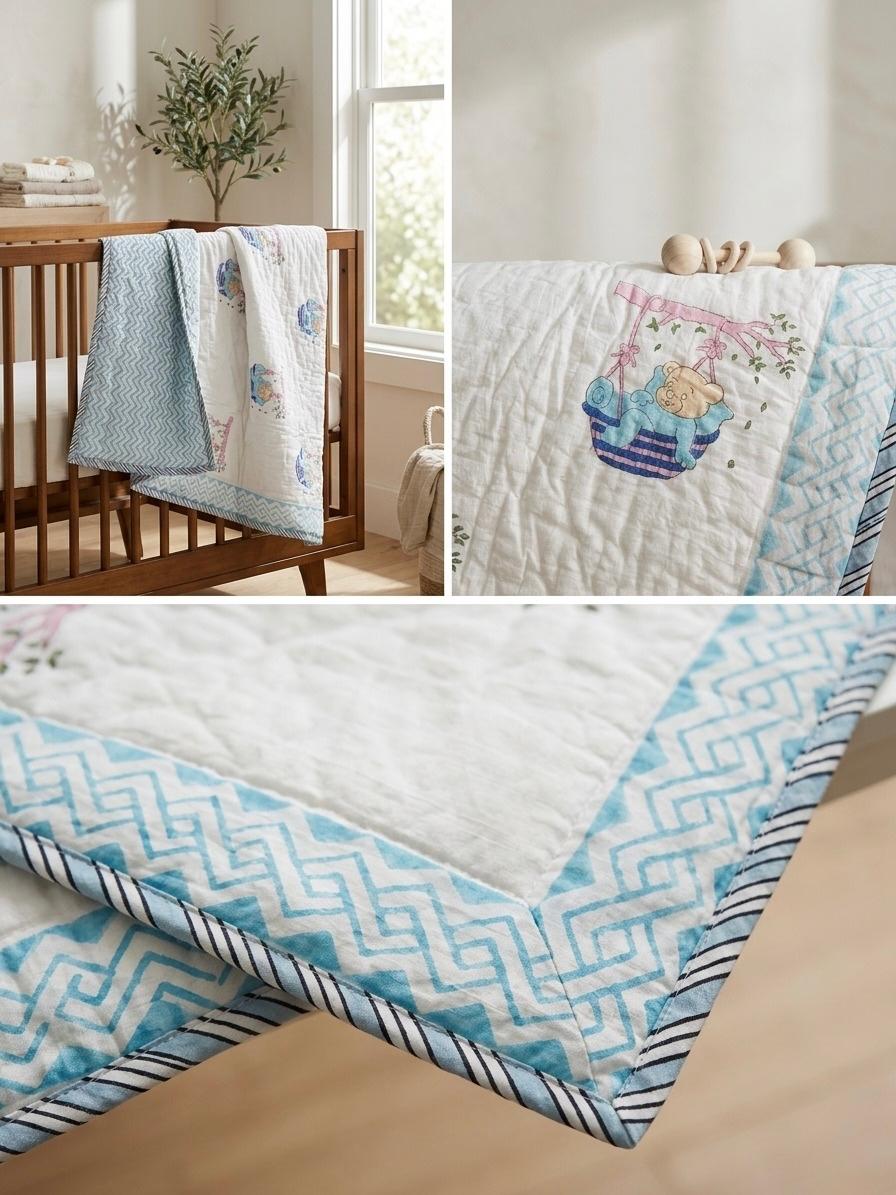 Hand-Block Printed Cotton Baby Quilt | Soft & Breathable Heirloom Quilt