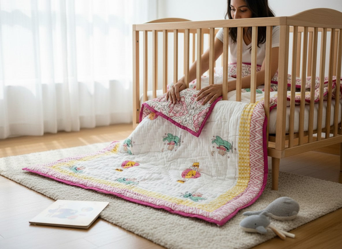 Hand-Block Printed Cotton Baby Quilt | Soft & Breathable Heirloom Quilt