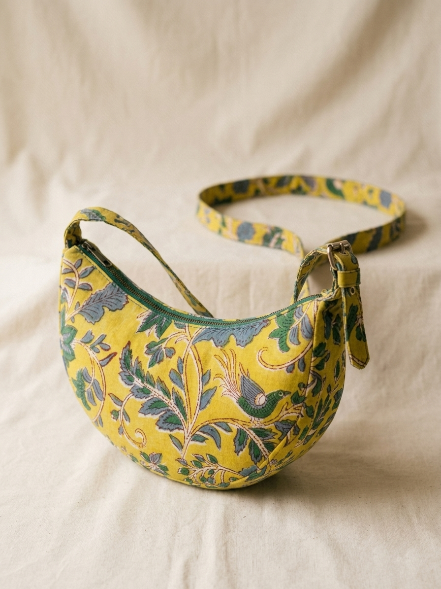 Exquisite Hand-Blocked Cotton Shoulder Yellow and Green Bag – Premium Leather Lined Accessory