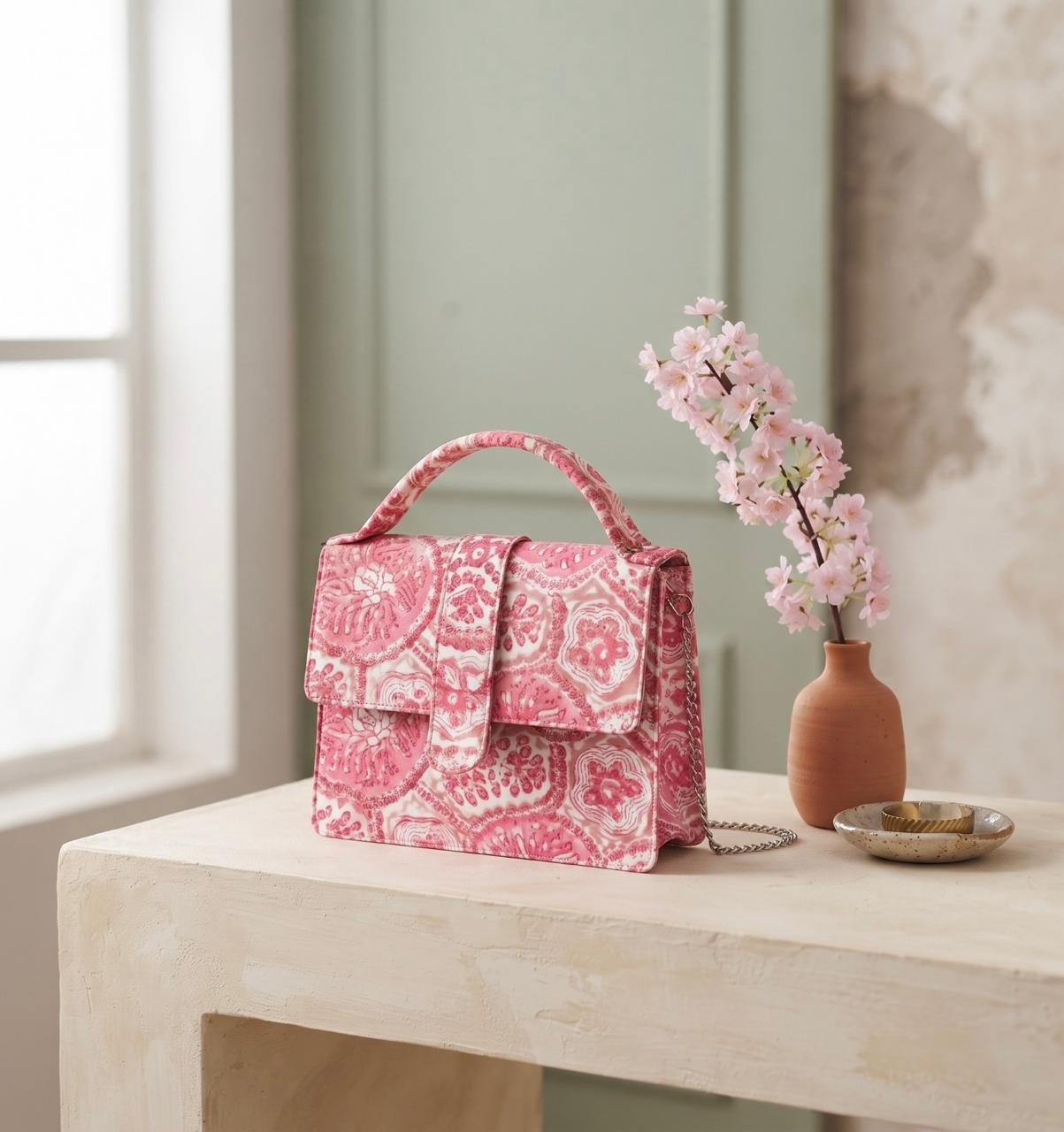 Luxury Hand-Block Print Sling Bag | Women’s Leather-Lined Crossbody l Pink and White Colour