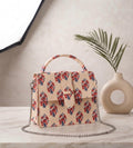 Luxury Hand-Block Print Sling Bag | Women’s Leather-Lined Crossbody l Beige and Red Colour