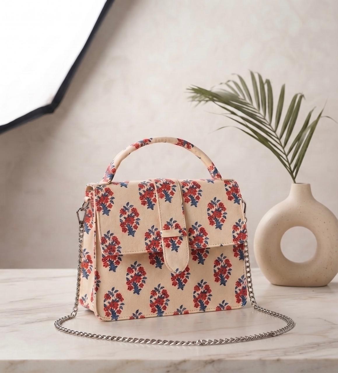 Luxury Hand-Block Print Sling Bag | Women’s Leather-Lined Crossbody l Beige and Red Colour