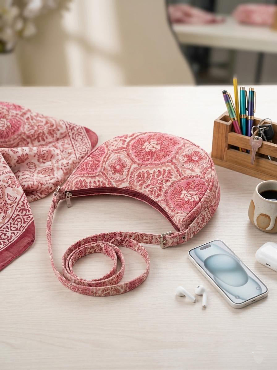 Exquisite Hand-Blocked Cotton Shoulder Pink Colour Bag – Premium Leather Lined Accessory