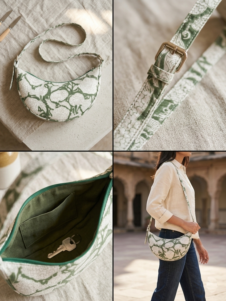 Exquisite Hand-Blocked Cotton Shoulder Green Colour Bag – Premium Leather Lined Accessory