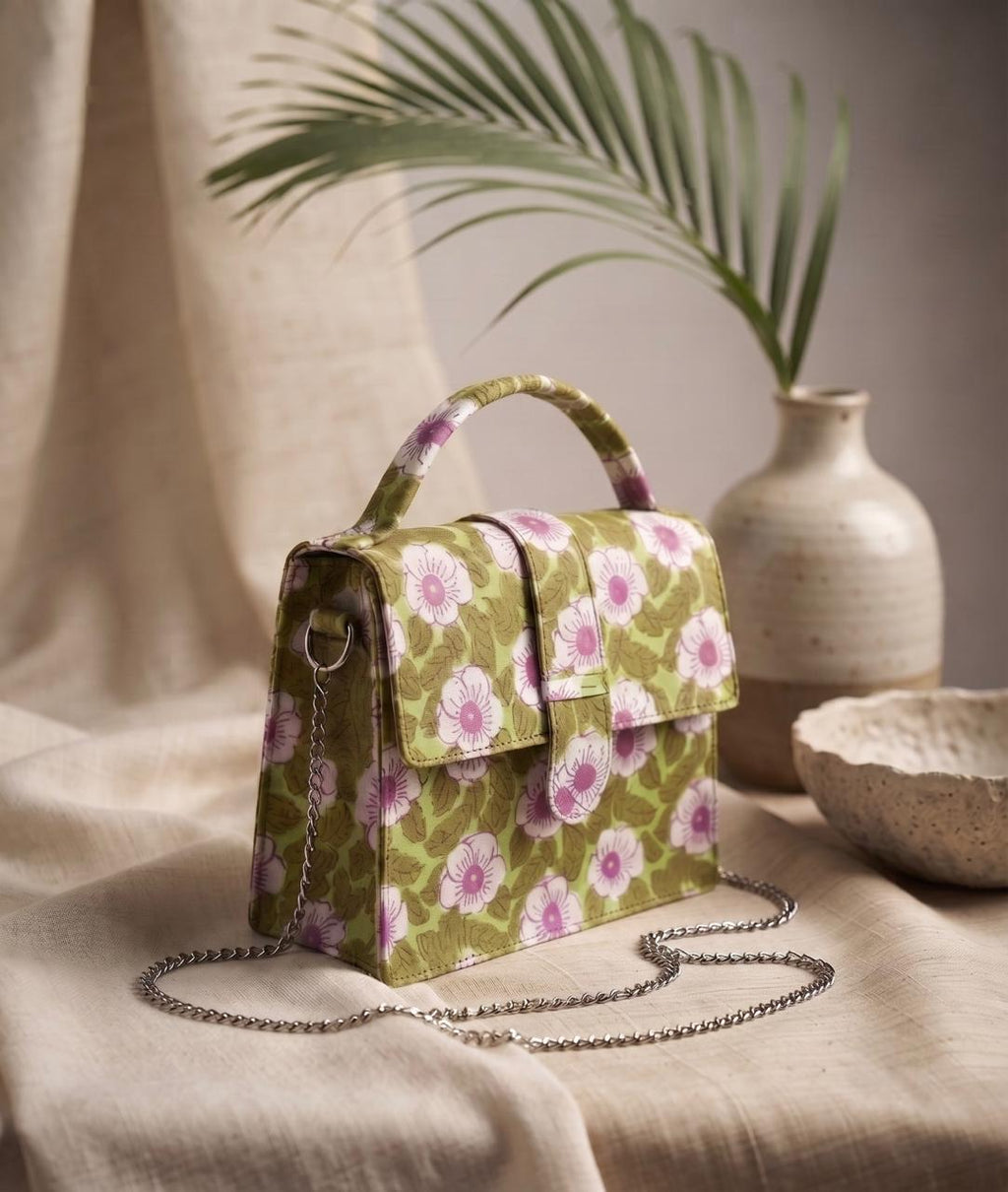 Luxury Hand-Block Print Sling Bag | Women’s Leather-Lined Crossbody l Green and White Colour