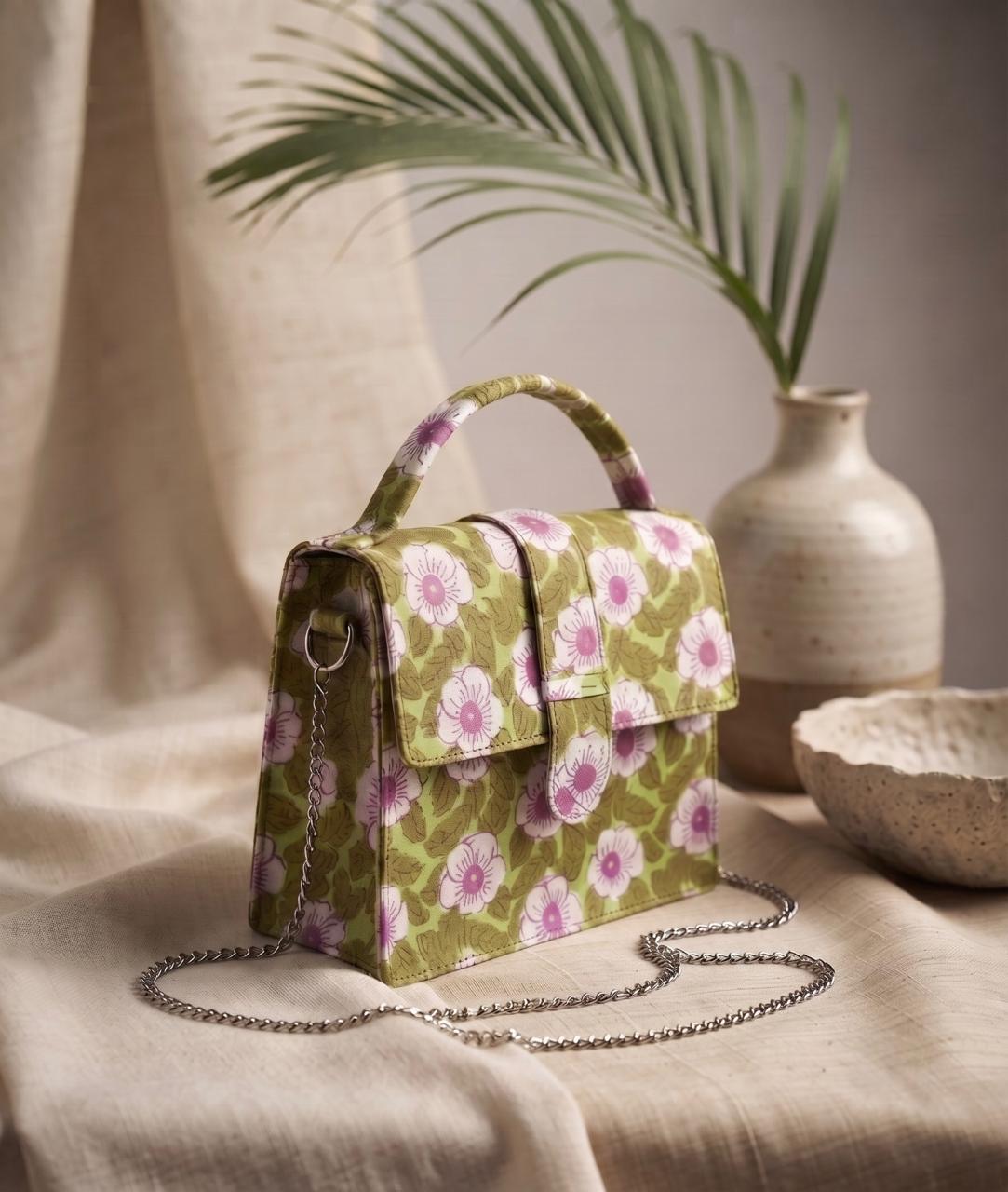 Luxury Hand-Block Print Sling Bag | Women’s Leather-Lined Crossbody l Green and White Colour