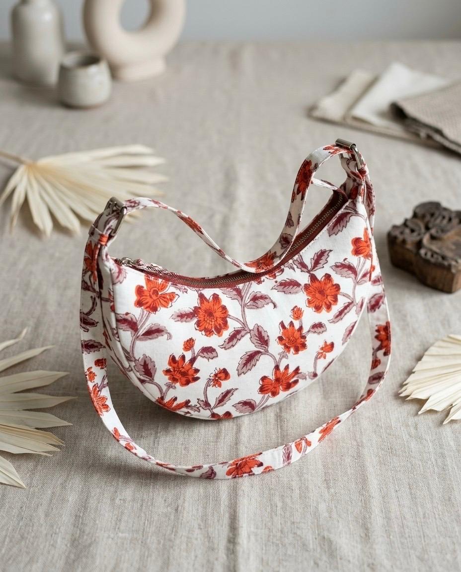Exquisite Hand-Blocked Cotton Shoulder Red and White Bag – Premium Leather Lined Accessory