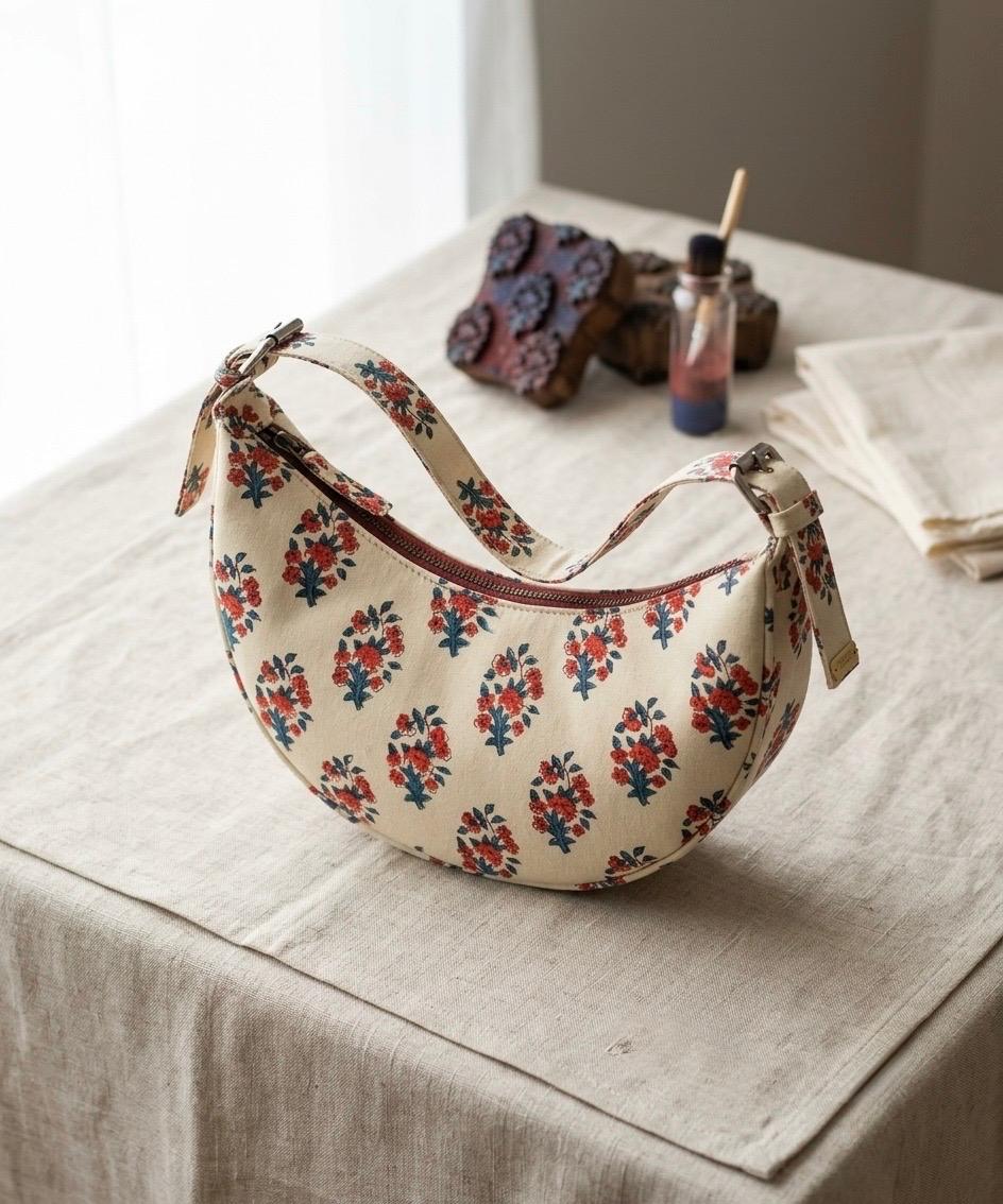 Exquisite Hand-Blocked Cotton Shoulder Red and Beige Bag – Premium Leather Lined Accessory
