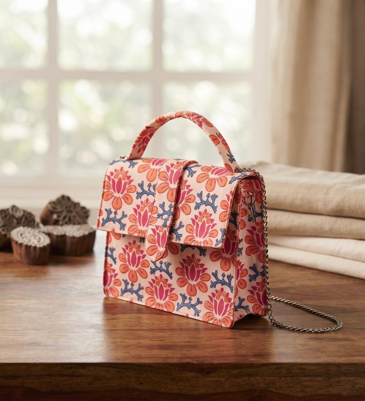Luxury Hand-Block Print Sling Bag | Women’s Leather-Lined Crossbody l Blue and Orange Colour