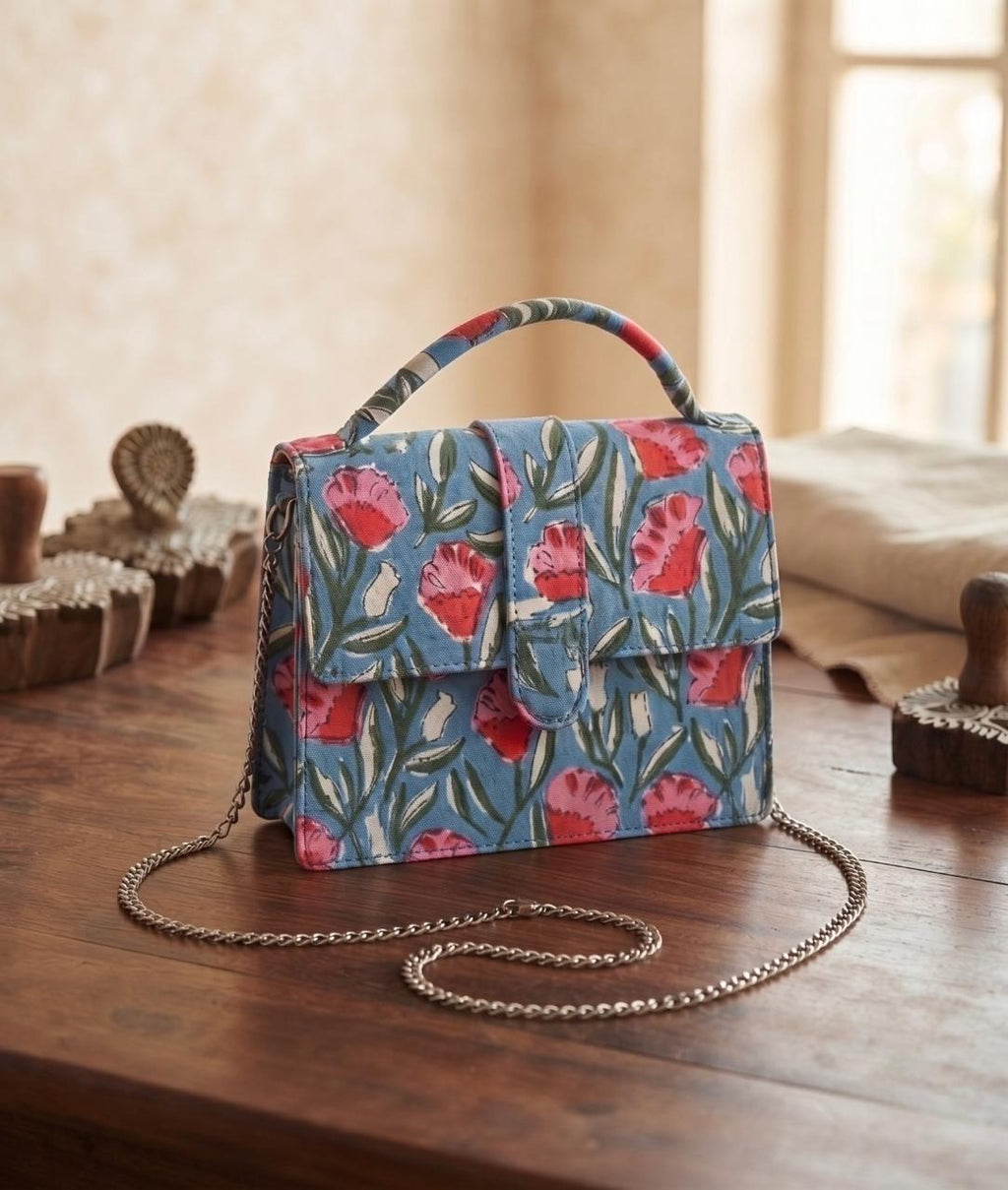 Luxury Hand-Block Print Sling Bag | Women’s Leather-Lined Crossbody l Blue and Red Colour