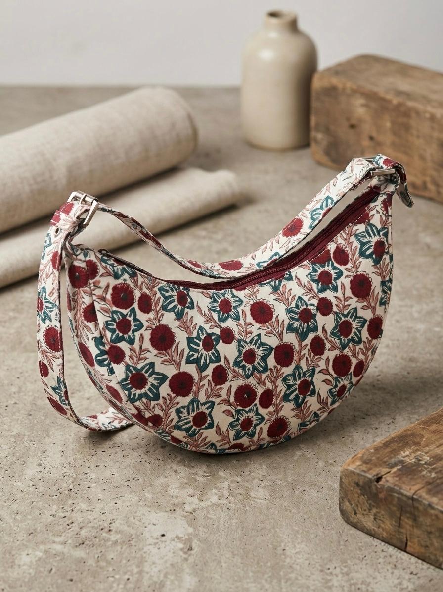 Exquisite Hand-Blocked Cotton Shoulder Red and White Bag – Premium Leather Lined Accessory