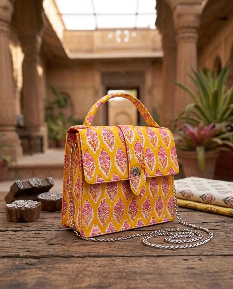 Luxury Hand-Block Print Sling Bag | Women’s Leather-Lined Crossbody l Yellow and Pink Colour