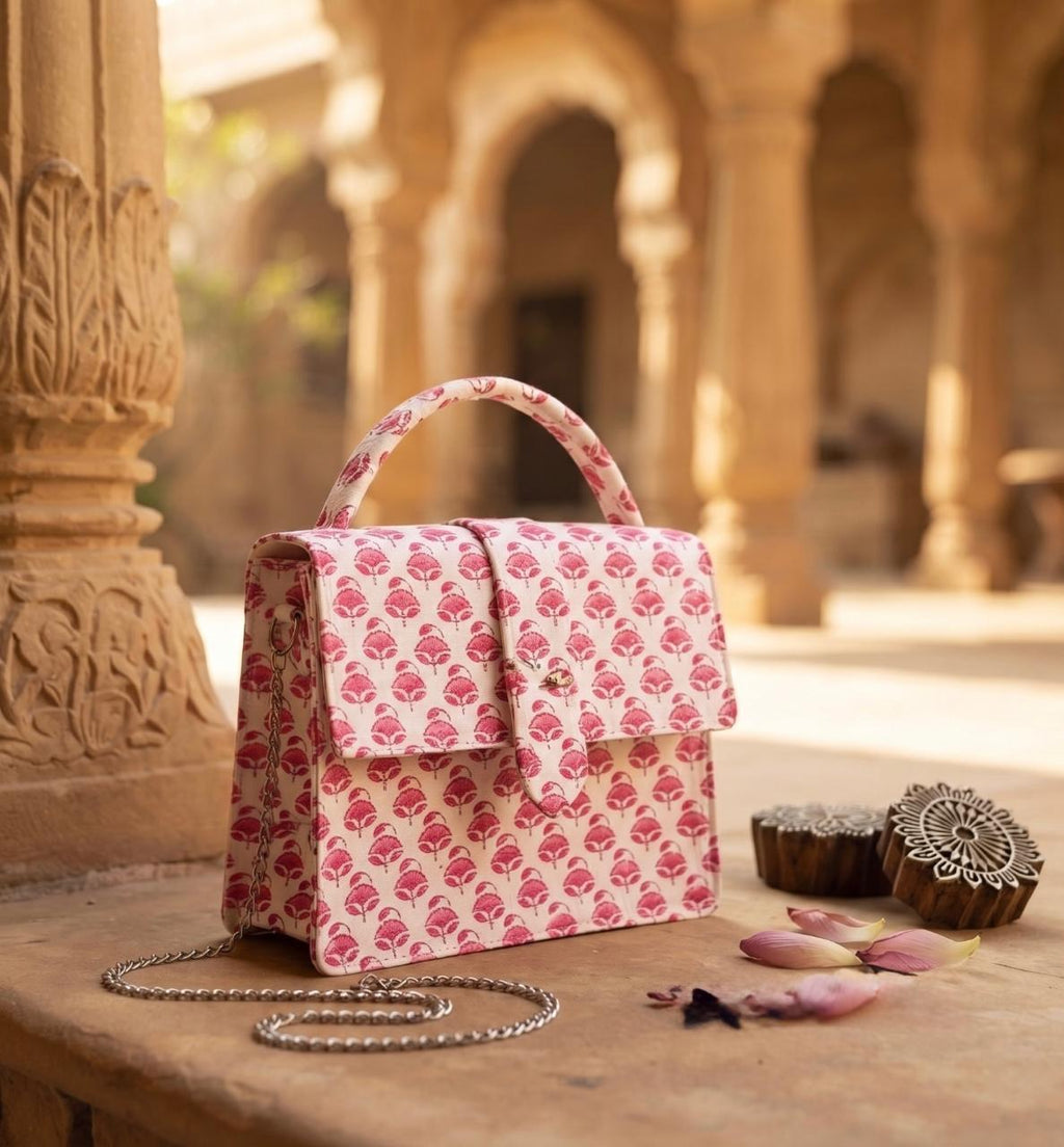 Luxury Hand-Block Print Sling Bag | Women’s Leather-Lined Crossbody l Pink and White Colour