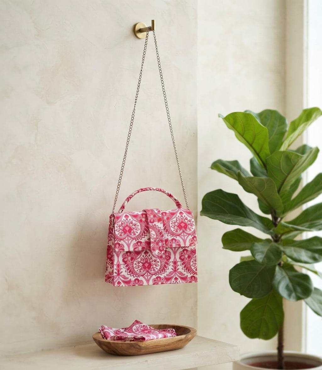 Luxury Hand-Block Print Sling Bag | Women’s Leather-Lined Crossbody l Pink and White Colour