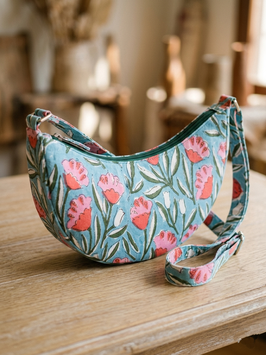 Exquisite Hand-Blocked Cotton Shoulder Bag Blue and Pink – Premium Leather Lined Accessory