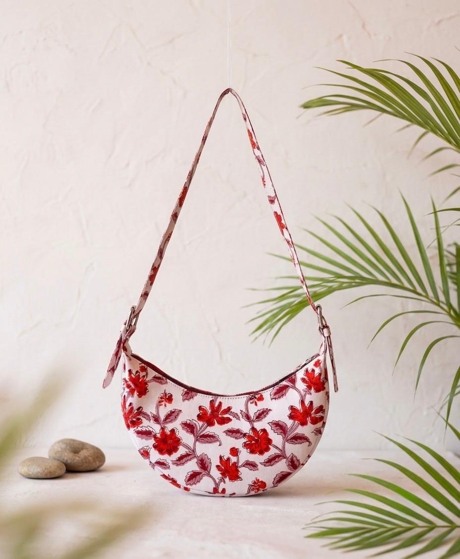 Exquisite Hand-Blocked Cotton Shoulder Red and White Bag – Premium Leather Lined Accessory