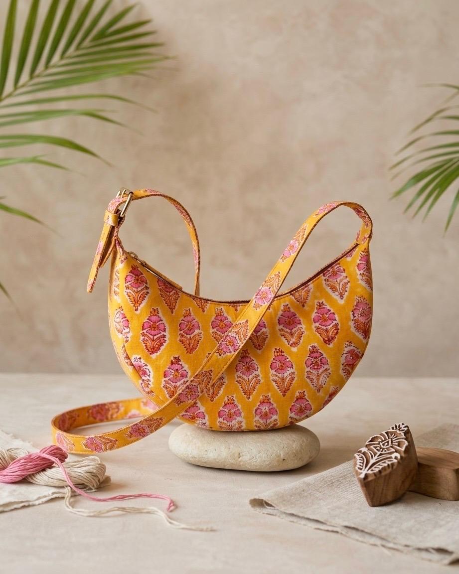 Exquisite Hand-Blocked Cotton Shoulder Yellow and Pink Bag – Premium Leather Lined Accessory