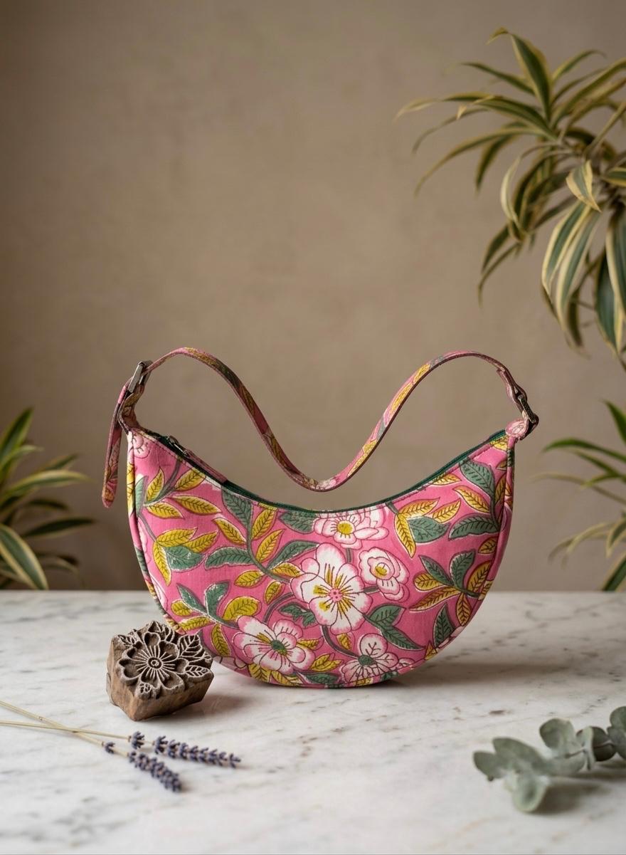 Exquisite Hand-Blocked Cotton Shoulder Pink and Green Bag – Premium Leather Lined Accessory