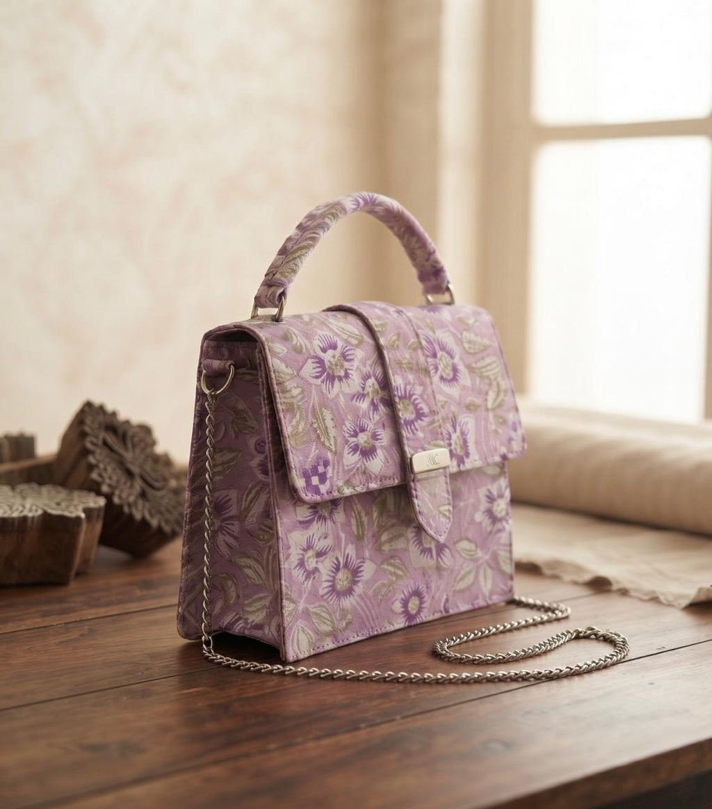 Luxury Hand-Block Print Sling Bag | Women’s Leather-Lined Crossbody l Purple and White Colour