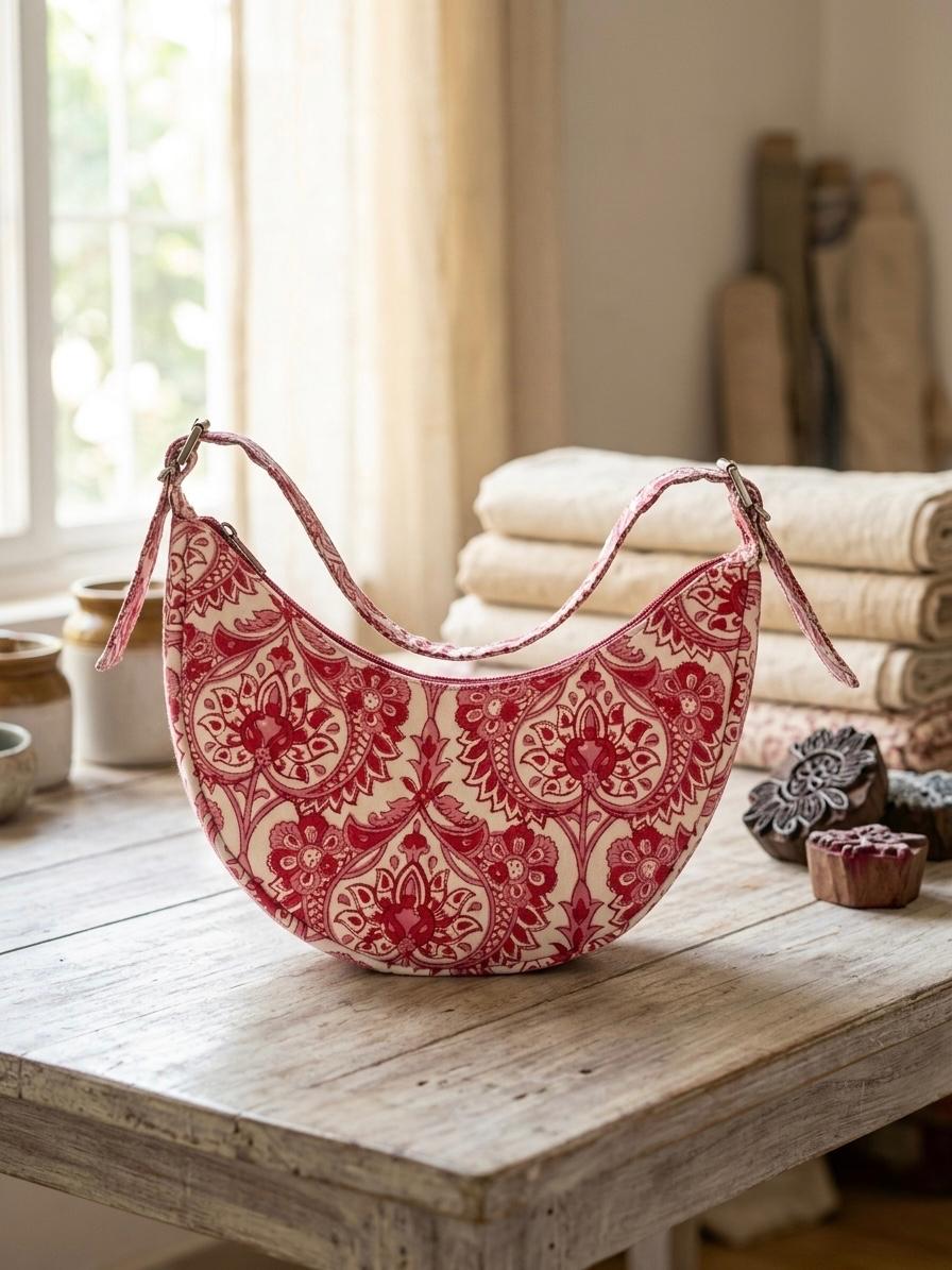 Exquisite Hand-Blocked Cotton Shoulder Pink and White Bag – Premium Leather Lined Accessory