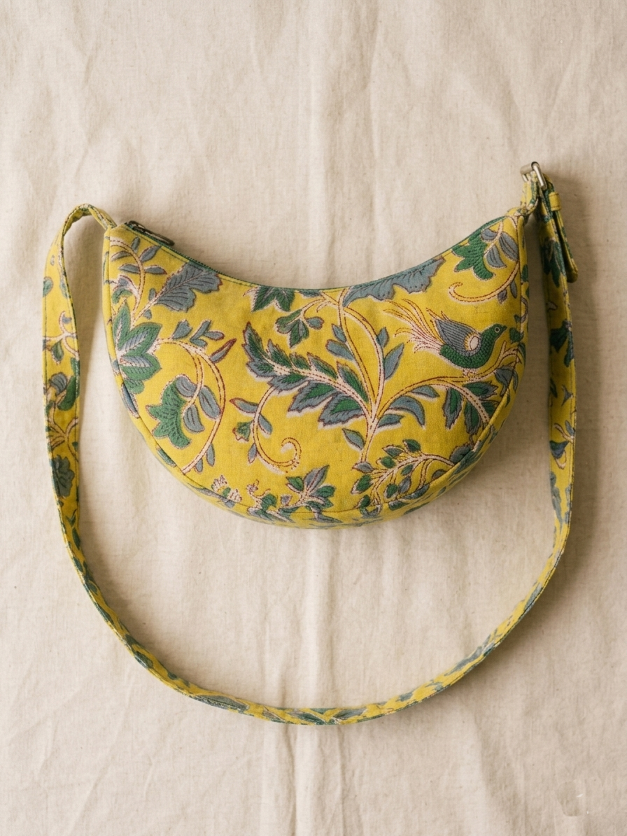 Exquisite Hand-Blocked Cotton Shoulder Yellow and Green Bag – Premium Leather Lined Accessory