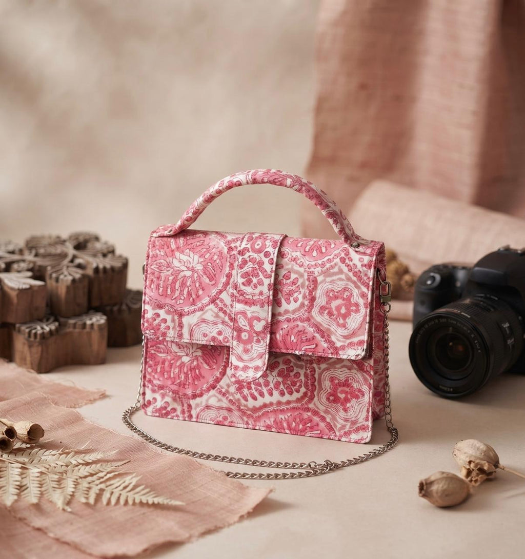Luxury Hand-Block Print Sling Bag | Women’s Leather-Lined Crossbody l Pink and White Colour
