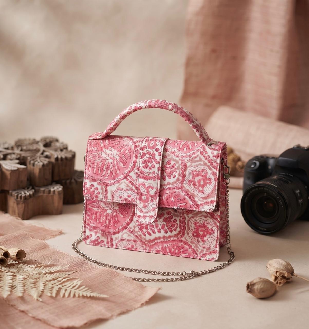 Luxury Hand-Block Print Sling Bag | Women’s Leather-Lined Crossbody l Pink and White Colour