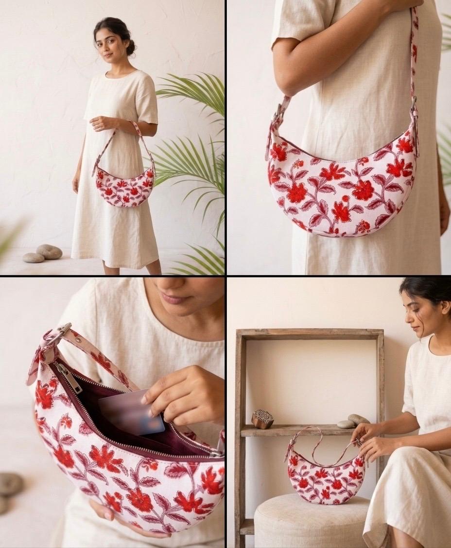 Exquisite Hand-Blocked Cotton Shoulder Red and White Bag – Premium Leather Lined Accessory