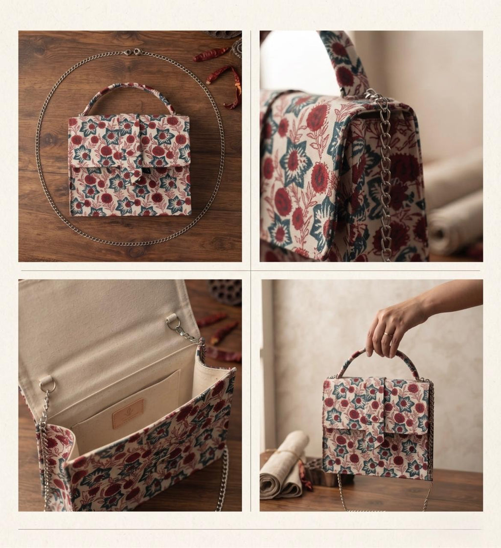 Luxury Hand-Block Print Sling Bag | Women’s Leather-Lined Crossbody l Red and White Colour