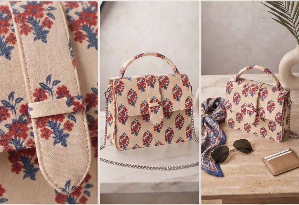 Luxury Hand-Block Print Sling Bag | Women’s Leather-Lined Crossbody l Beige and Red Colour